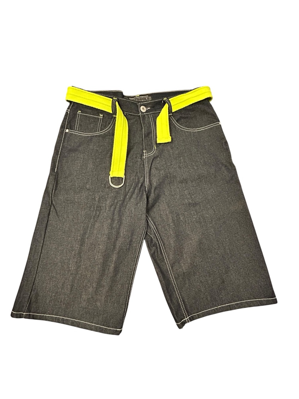 South Pole Y2K 90s Baggy Shorts Black Yellow Embroidered Trim 38 Belted Denim